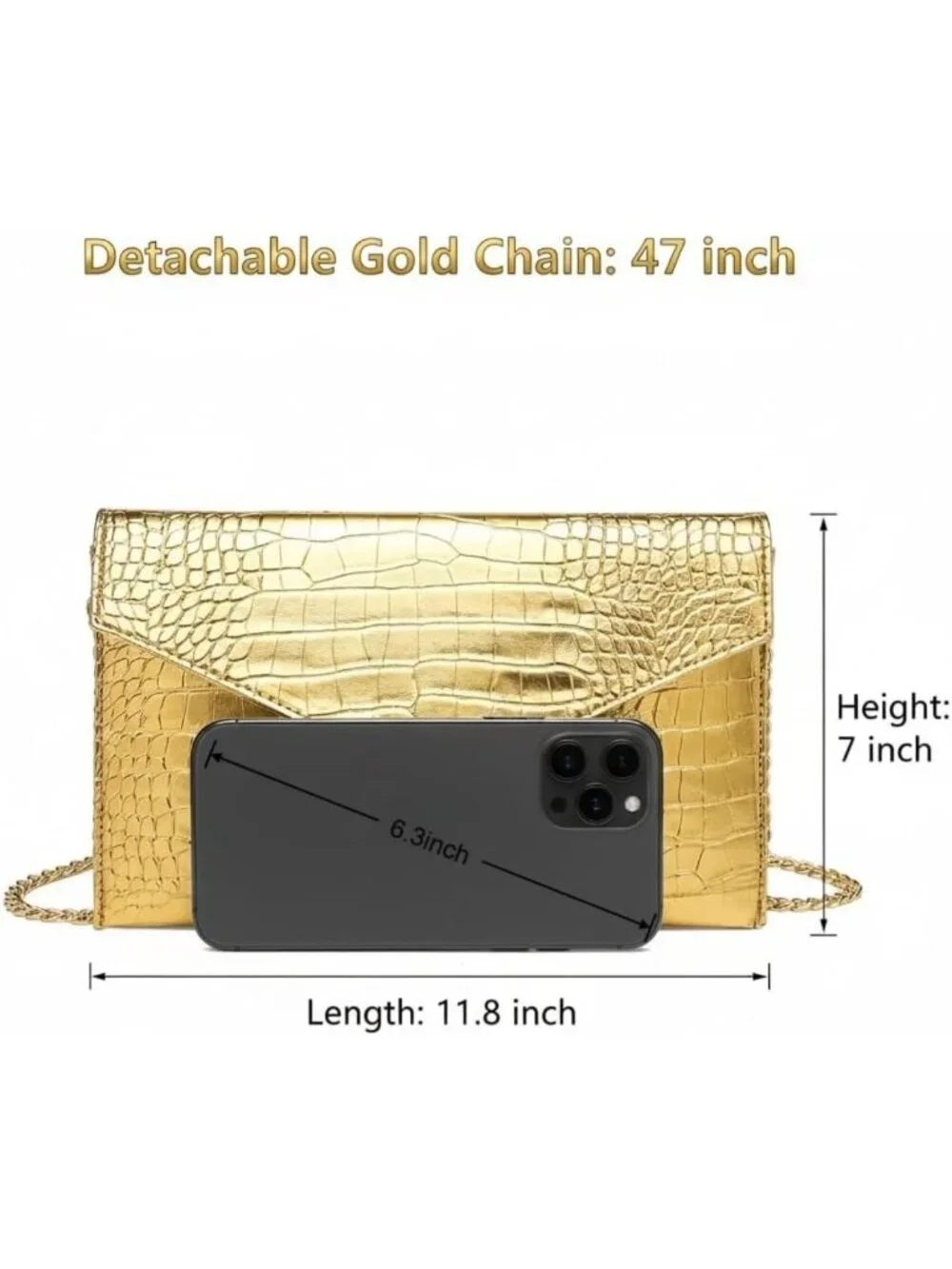 Chic Metallic Gold Envelope Clutch Purse with Detachable Chain for Women